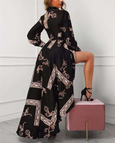 

floral printed womens designer dress retro court style fashion dress irregular hem casual spring autumn dress, Black;gray