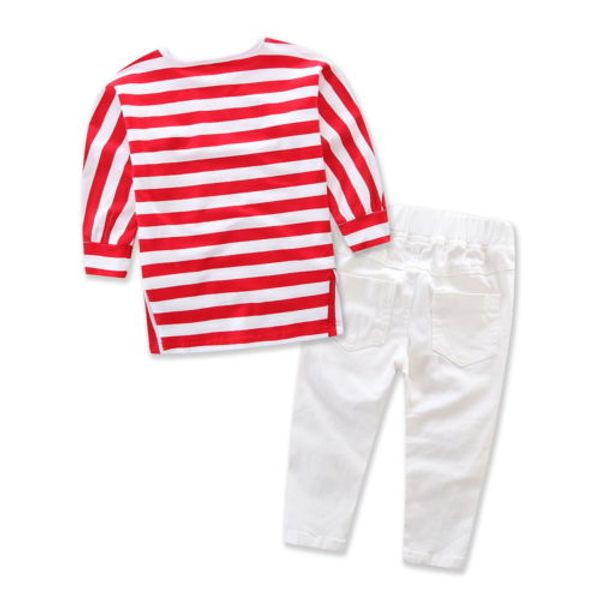 

emmababy 2шт малыш дети девочки полосатые топы рваные джинсы брюки одежда комплект одежды, White
