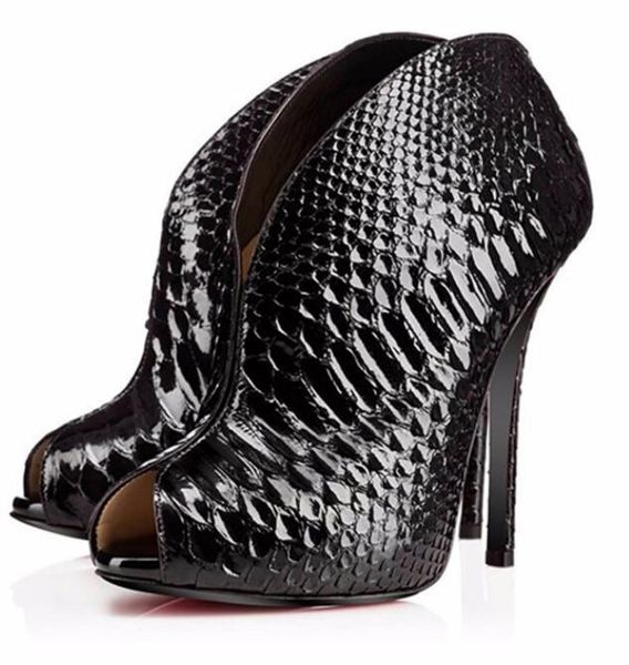 

lady front v peep toe high heels ankle boots women snakeskin print slip-on dress party runway shoes woman thin heels shoes, Black