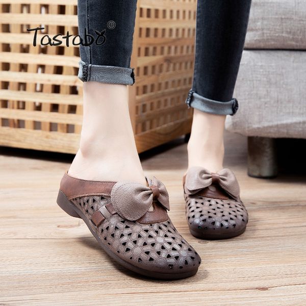 

slippers women shoes retro slip on summer bow handmade woman flat with genuine leather female flip flops s2110, Black