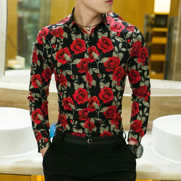 

2020 spring floral print men shirts long sleeve mens casual cotton shirt slim men flower printing dress shirts size 4xl y, White;black