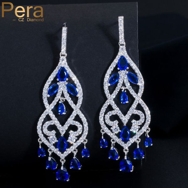 

pera luxury royal cz jewelry big chandelier long hollow hanging drop blue stone evening party brilliant earrings for women e298, Silver
