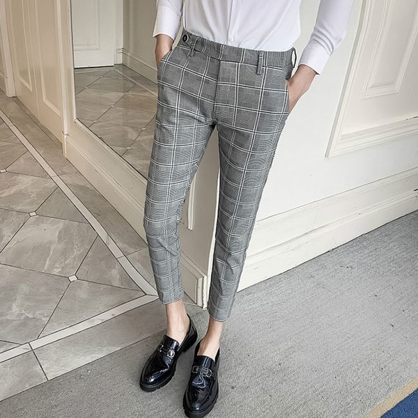 

2020 men's plaid dress pants ankle length pantalon homme casual slim men suit pant formal business trousers streetwear clothing, White;black