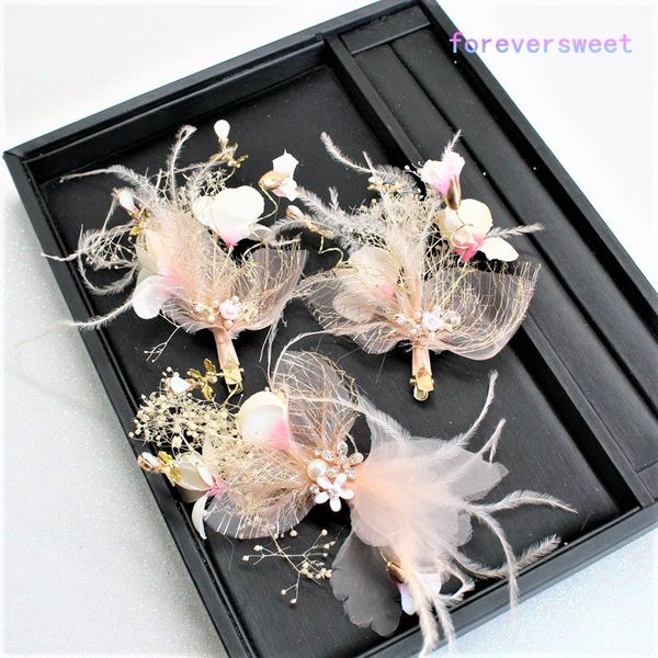 

3 pieces sets silk yarn flower bride headdress beauty bride hair barrette wedding hair accessories pink hair ornament, White;golden