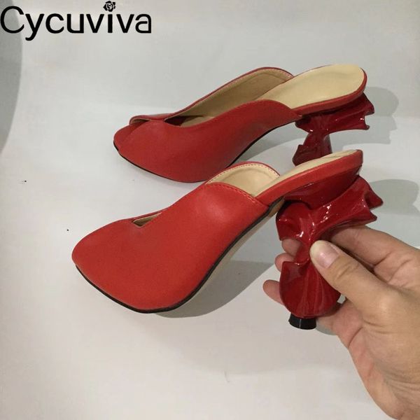 

горячее плиссе каблуки красной кожа тапочки женщин странной высокий каблук peep toe обувь дама лето мулы sexy подиум партия обувь женщина, Black