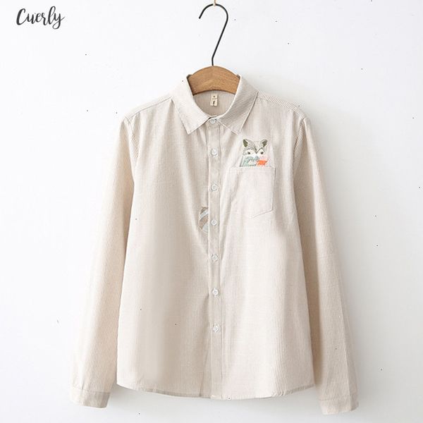 

embroidery fox long sleeve women blouses and shirts red grey beige female ladies casual shirt stripe blusas blouse, White