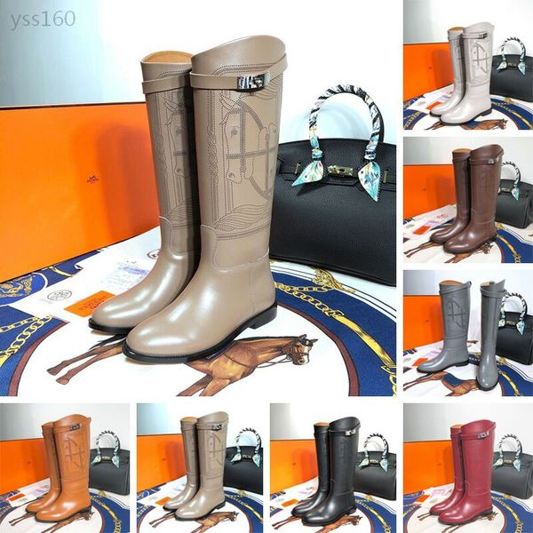 

2020 luxury autumn and winter new women's calfskin boots flat bottom with and knees leisure high boots martin women's boots, Black