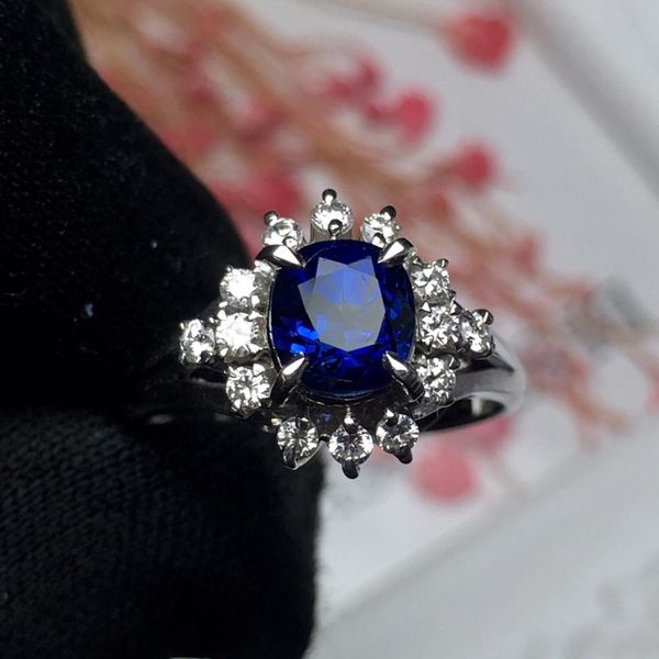 

fine jewelry pt900 real platinum gold 100% natural blue sapphire 1.45ct gemstones sapphire diamonds female wedding rings, Golden;silver