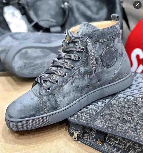 

grey/blue suede genuine leather sneakers shoes high famous brands red bottom sneaker shoes men women causal party dress wedding, Black