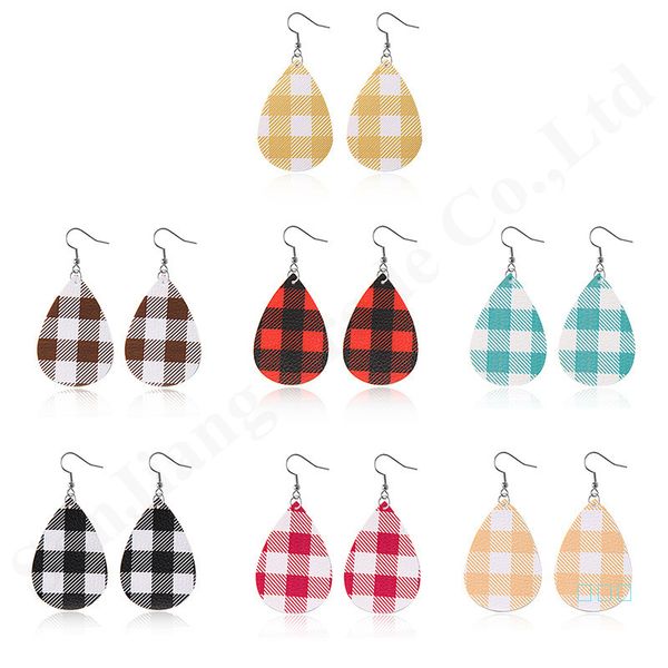 

euramerican style pu leather earrings double-sided plaid trendy teardrop shape dangle hook earring eardrop jewelry for women gifts a112802, Red;brown
