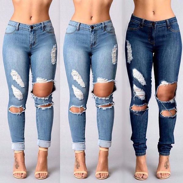 

new jeans summer fashion full length high-waist ripped jeans for women denim hole long pants skinny trousers, Blue