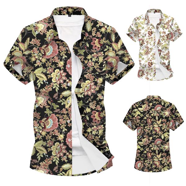 

2020 new men's vintage baroque three-dimensional printed hawaiian style beach casual short sleeve shirt, White;black