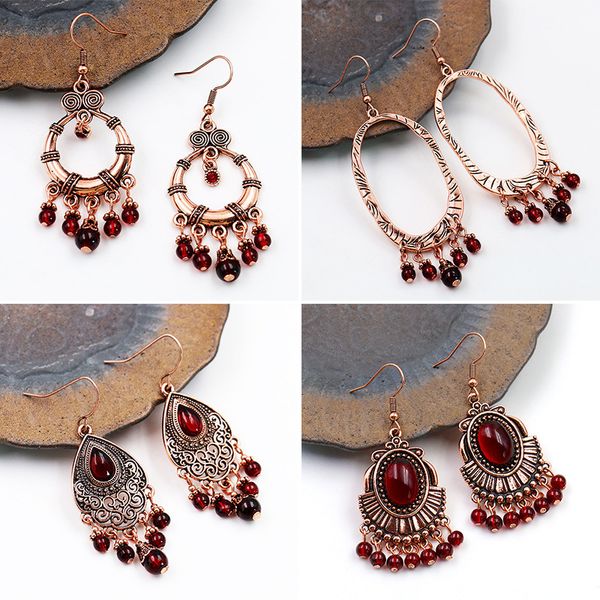 

2020 designer new ladies bohemian natural garnet earrings retro alloy fashion geometric earrings, Silver