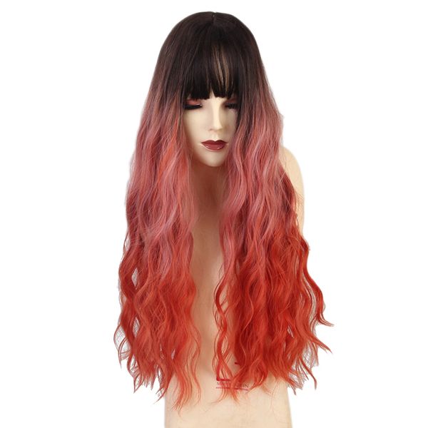 

26'' graceful women long curly wavy middle part wigs with bangs for cosplay, Black