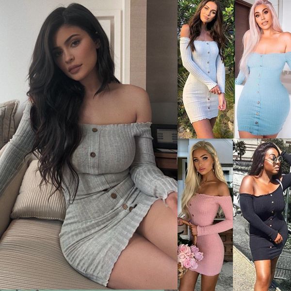 

autumn slim dress women solid color off shoulder long sleeve slash neck bodycon dresses mini party dress, Black;gray