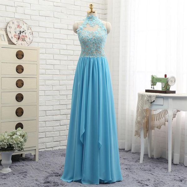 

2017 light sky blue prom dresses chiffon appliques lace long sleeve backless evening party gown special occasion party gowns vestito da sera, Black