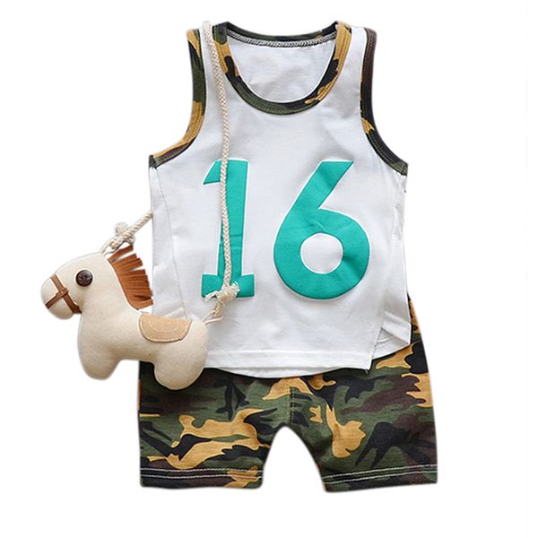 

boys clothes set summer number 16 print vest+camouflage shorts kid clothes suit selling clothing new style, White