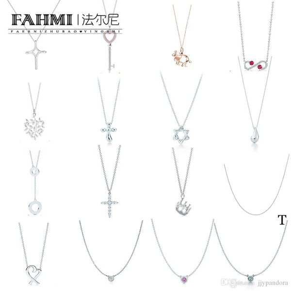 

fahmi 100% 925 sterling silver tif classic water droplets cross crown heart-shaped key leaf pendant necklace factory direct, Golden;silver