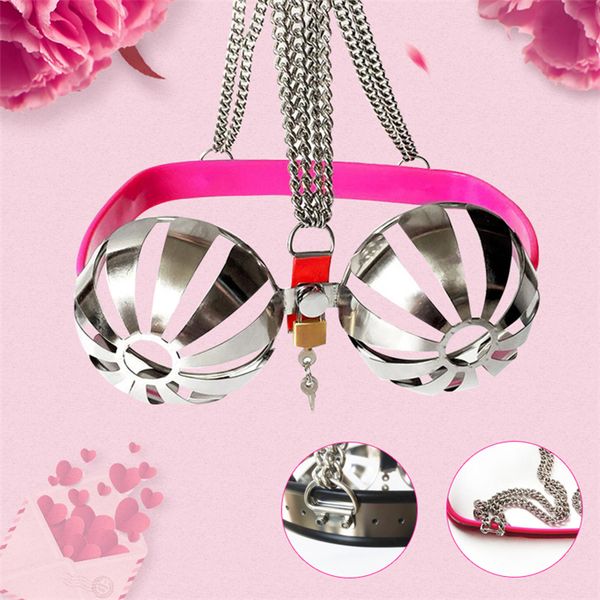 

latest female adjustable stainless steel hollow out bra brassiere with lock women chastity belt device bondage toy 4 color