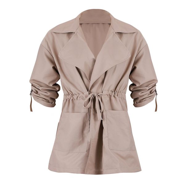 

autumn and winter casual laced women's trench coat pocket high waist women's windbreaker long sleeve office ladies jacket, Tan;black