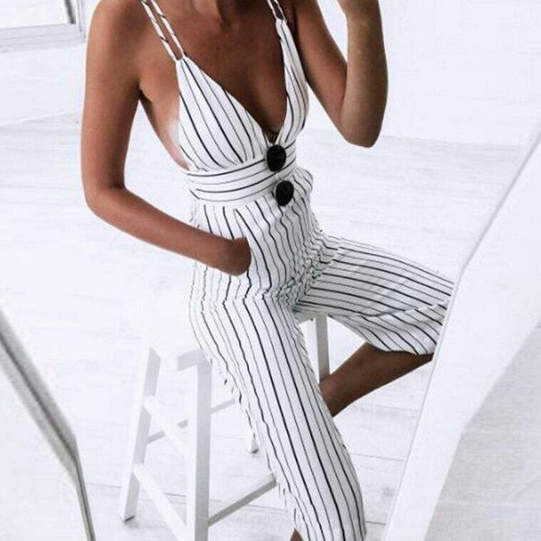 

women summer jumpsuit gallus sleeveless suspender backless party jumpsuit striped bodysuit trousers, Black;white