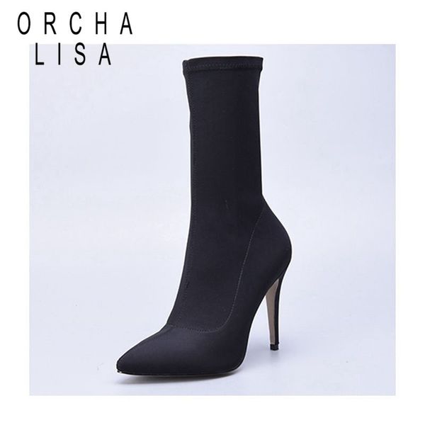 

orcha lisa women sock boots lycra stretch fabric pointed toe ankle boots thin heels 11cm high stilettos mujer spring, Black