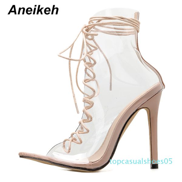 

aneikeh fashion pvc transparent sandals boots hollow out peep toe ankle cross lace-up thin heels women boots shoes pumps 42 t05, Black