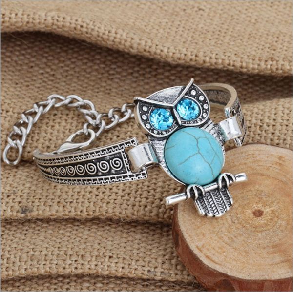 

european and american retro bracelet female owl loose stone diamond antique silver national wind carved wrist jewelry fashion, Black