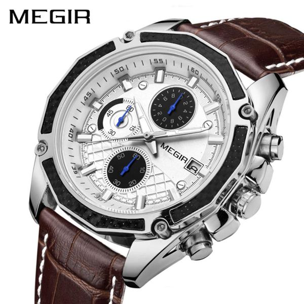 

medir casual sport watches for men leather wrist watch man clock fashion chronograph wristwatch, Slivery;brown