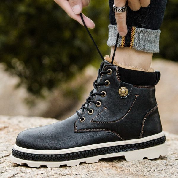

sneakers men ankle boots 2019 new fashion solid winter boots men casual shoes man lace up square heel snow, Black