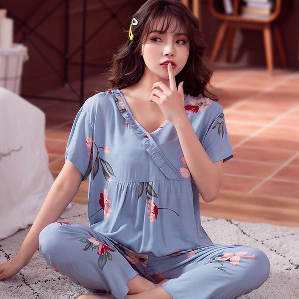 

sleepdress summer cotton women's wear nightgowns blue printed pattern nightwear sweet girl household clothing casult night suit, Black;red