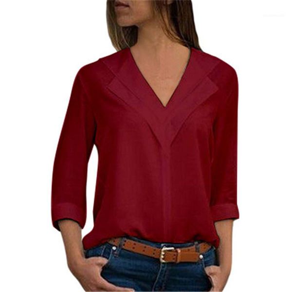 

summer designer fashion chiffon tshirts loose solid color long sleeve new female clothing v neck long sleeve womens tees, White