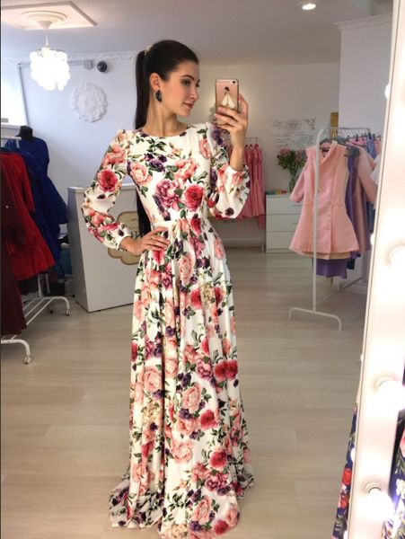 

fashion women dress beauty floral print long sleeve boho formal dress lady pleated evening party o neck casual long maxi dress, Black;gray