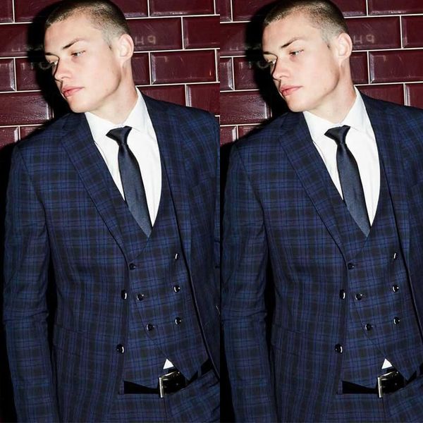 

handsome blue glen plaid mens suit 3 pieces two button groom wear for wedding notched lapel men formal prom party tuxedos, Black;gray
