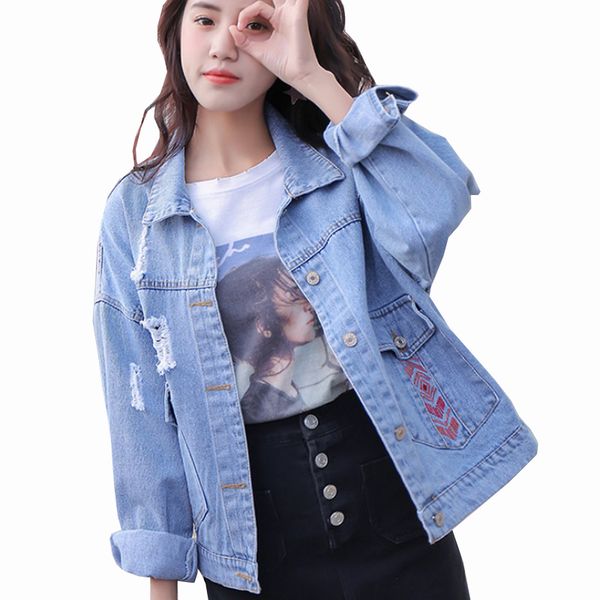 

2020 bf wind heavy industry embroidery wash denim female jacket fashion loose jacket women long sleeve coat female large size, Black;brown