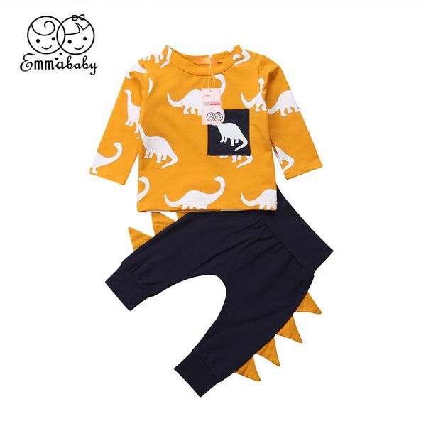 

emmababy fashion baby boy clothes dinosaur cotton pullover t-shirt+pants trousers outfit boys kid clothing sets, White