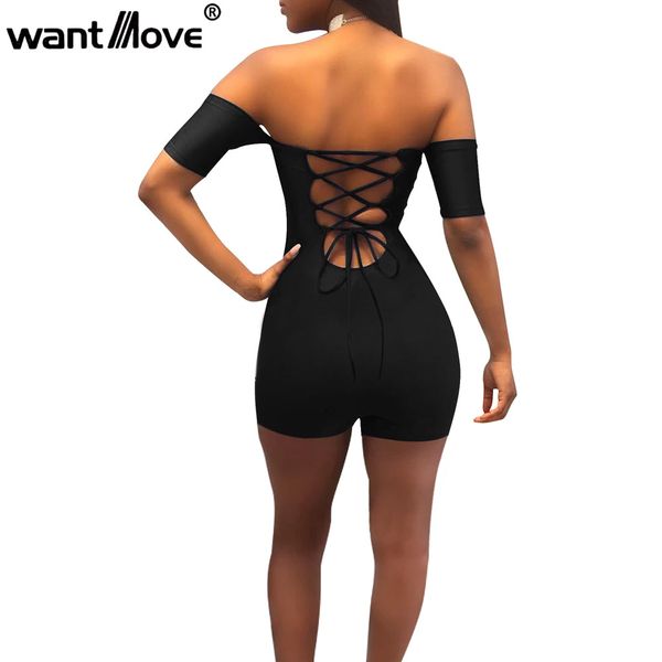 

wantmove women off shoulder lace up bodycon rompers womens jumpsuit 2019 summer club party shorts bodysuit romper jz071, Black;white