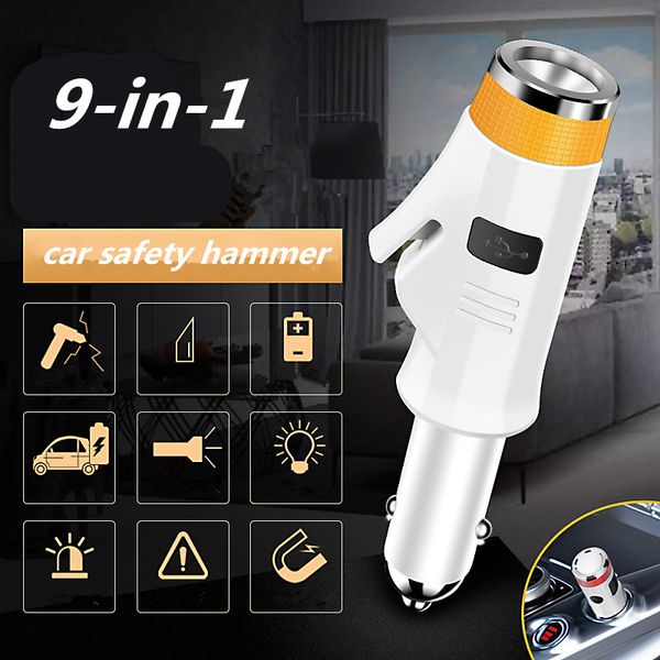 

new 9-in-1 car safety hammer 120db buzzer alarm usb mobile power fast charger car interior atmosphere lamp portable