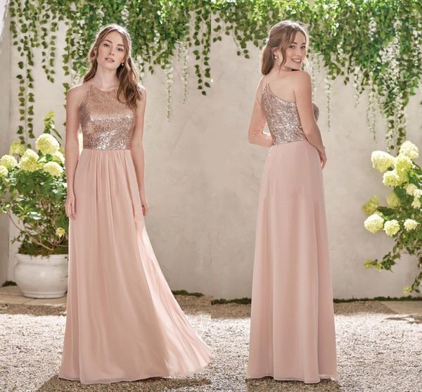 

a line rose gold sequins long chiffon beach bridesmaid dresses halter backless ruffles blush pink maid of honor gowns, White;pink