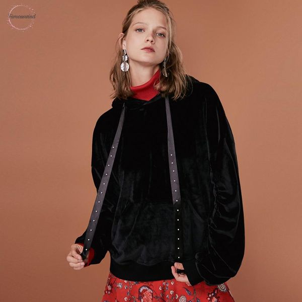 

new fashion design womens autumn new beaded hooded loose hoodies women beaded decoration sleeve shirring drop shipping, Black