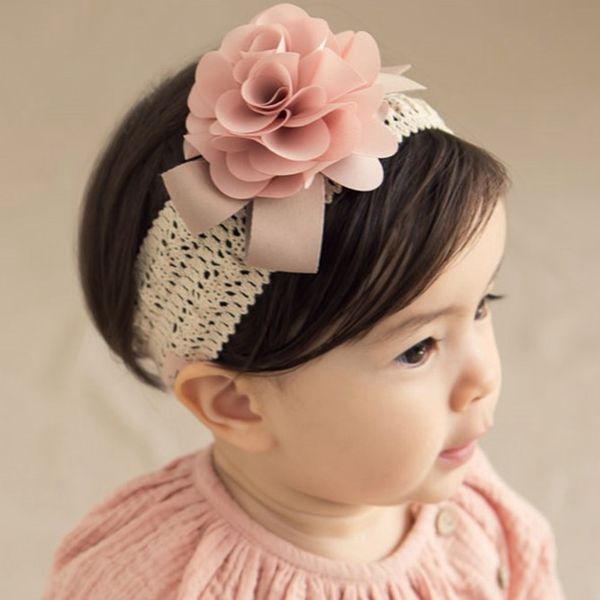 

baby big flower headband girls chiffon bandage kids elastic head band newborn turban toddler cute princess hair accessories, Slivery;white
