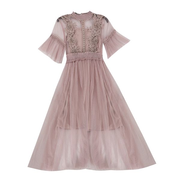 

women summer flare sleeve hollow out lace flower pleated a-line dress new vintage elastic tulle slim mesh gauze voile midi dress, Black;gray