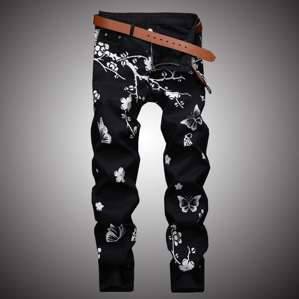 

flower print casual jeans pants men slim fit denim pant jean joggers 2019 men hip hop streetwear trousers clothing black wa110, Blue