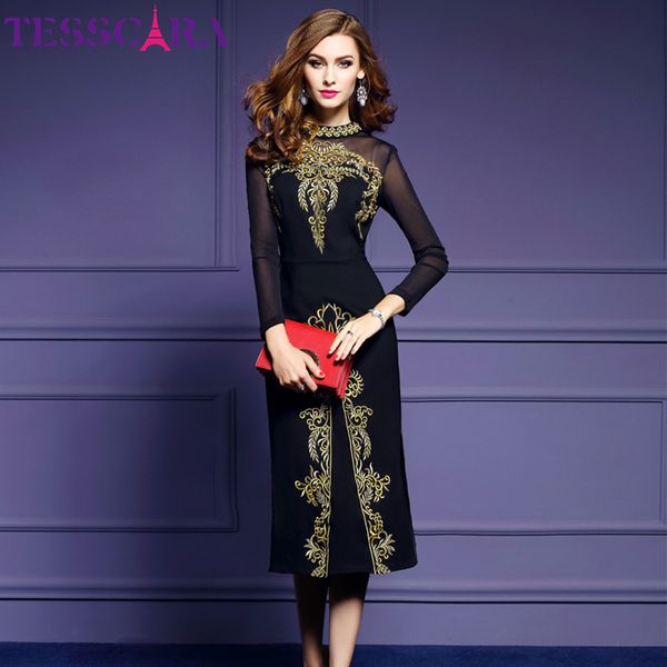 

tesscara women autumn luxury embroidery dress female elegant black retro robe femme designer mesh vestidos, Black;pink