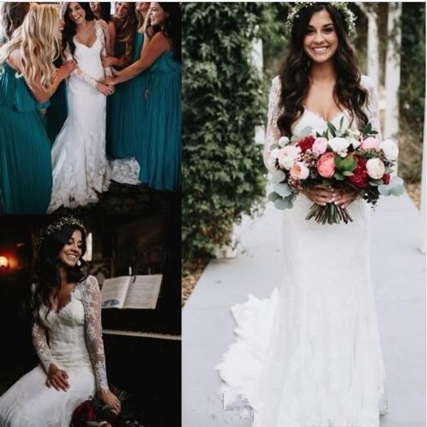 

Elegant Boho Lace Wedding Dresses Country Style Long Sleeves Bridal Gowns Forest Garden Wedding Gowns Sweep Train Cheap