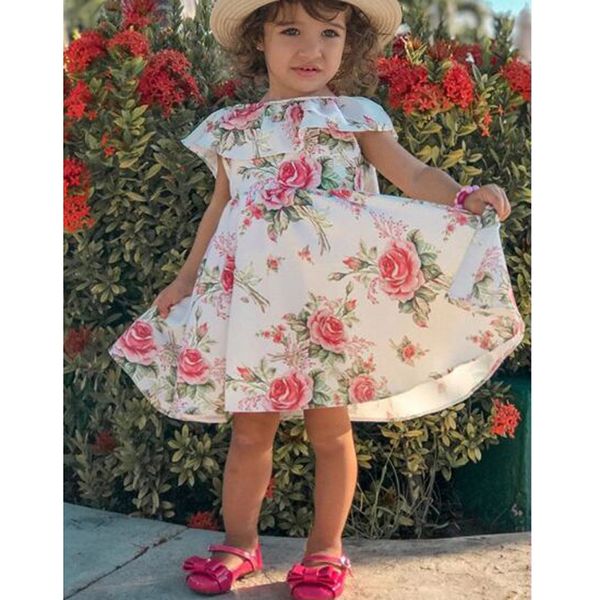 

european and american style ins popular sweet rose print strapless ruffled edge cute dress with big bow for girls, Red;yellow