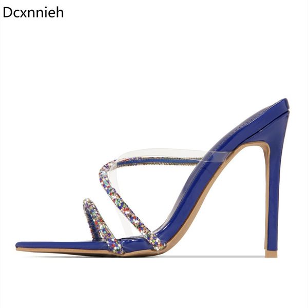 

red rhinestone mules high heels women party shoes pointed toe cross strap sandals woman slides summer thin heel slippers ladies, Black