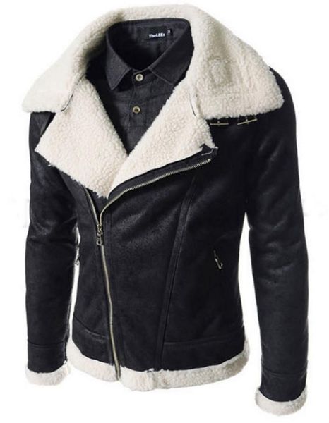 

camofleece pu leather jacket patchwork design incline zipper pockets big turn down collar long sleeve man motorcycle jakcets 2017, Black