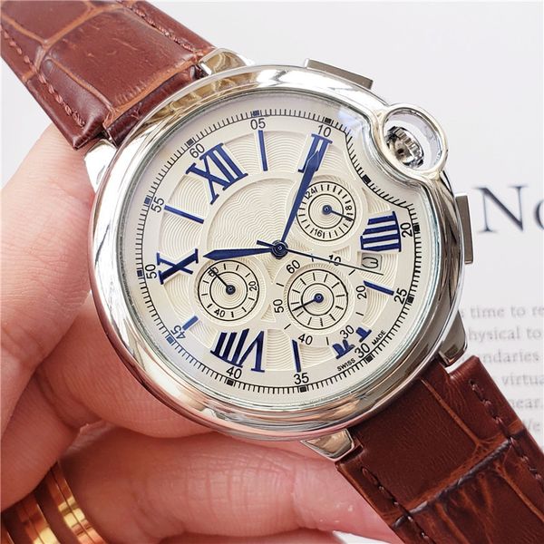 

fashion style men watches leather strap quartz movement watch all dial work chronograph watch roman scale casual wristwatch, Slivery;brown