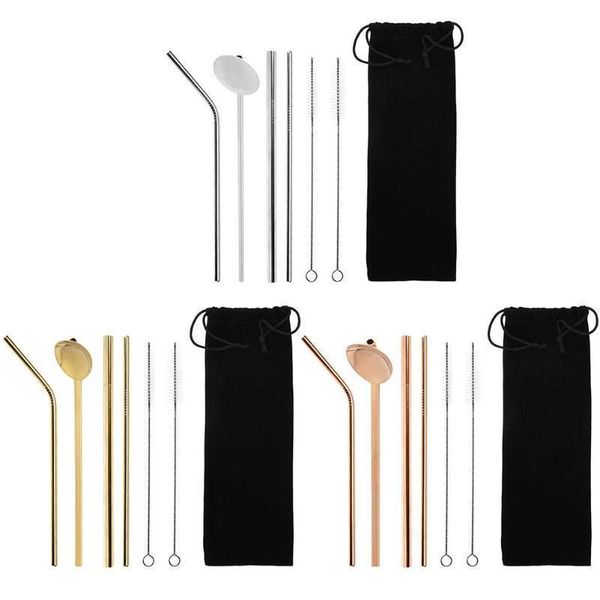 

4+2 stainless steel straw reusable metal drinking straw with cleaner brush & bag for home party barware bar accessories